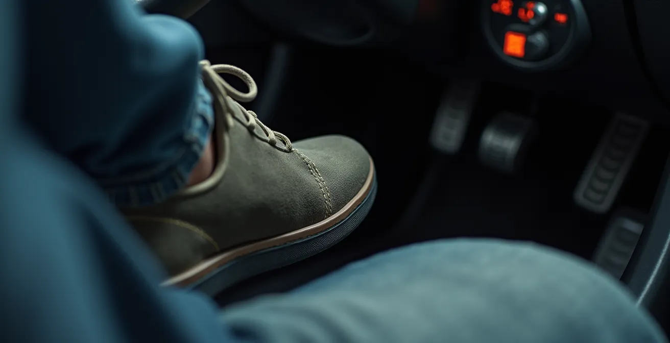 Makroaufnahme eines Bremspedals während einer ABS-Notbremsung, die den vollen Druck verdeutlicht.