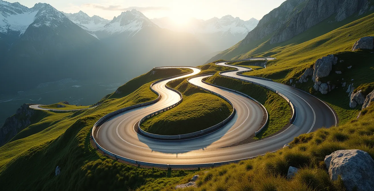 Kurvenreiche Schweizer Passstrasse aus der Vogelperspektive, die die hohe Belastung für Fahrwerk und Bremsen illustriert.