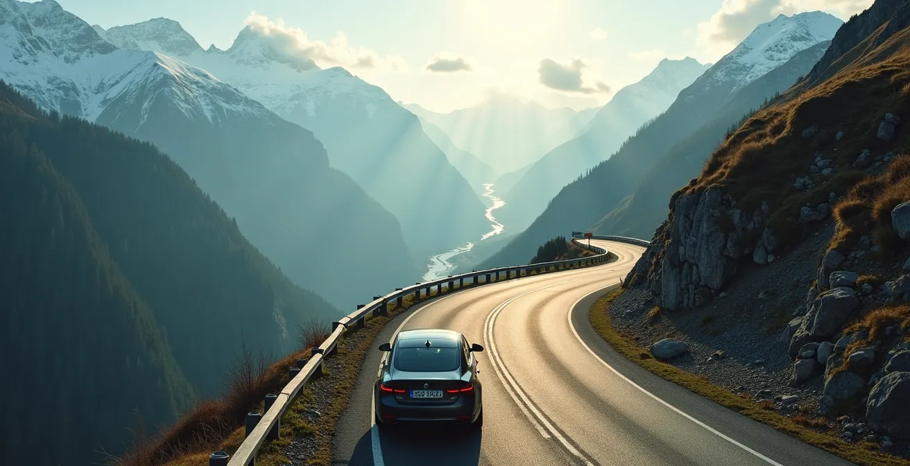 Schweizer Bergstrasse mit Fahrzeug in Kurve aus erhöhter Perspektive