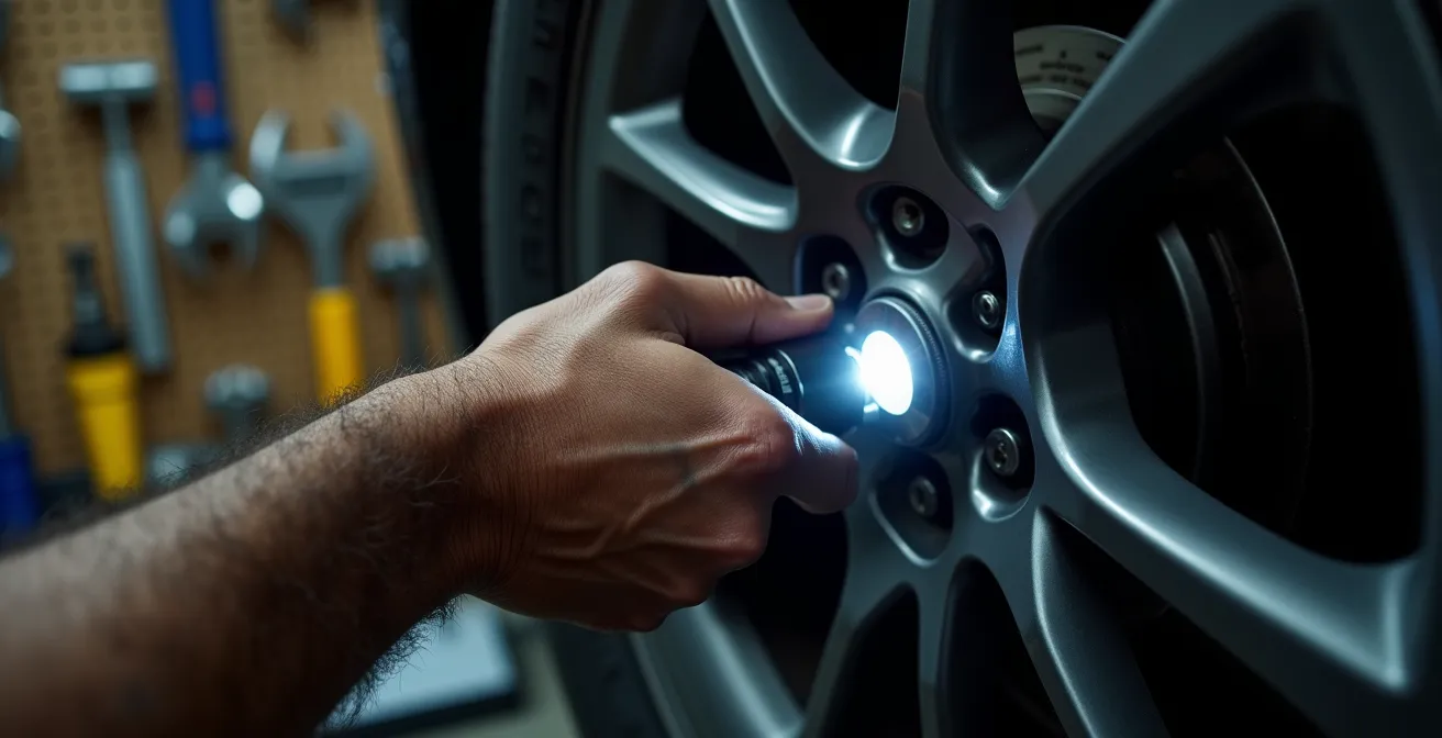 Hand mit Taschenlampe leuchtet durch die Felgenspeichen, um die Dicke eines Bremsbelags zu prüfen.