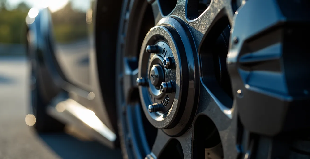 Detailaufnahme einer Bremsscheibe während eines Sicherheitstests auf einem leeren Parkplatz