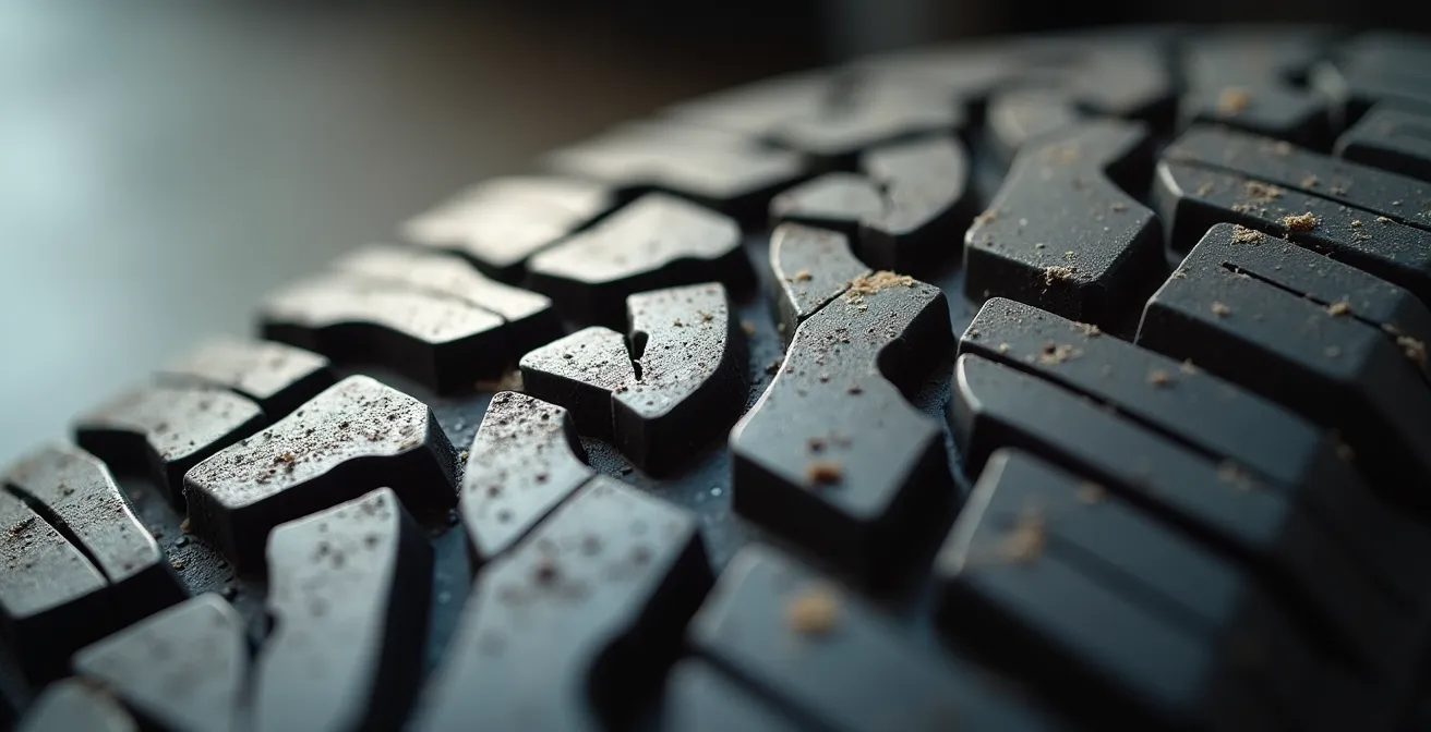 Nahaufnahme eines wellenförmig abgenutzten Autoreifens durch defekte Stoßdämpfer