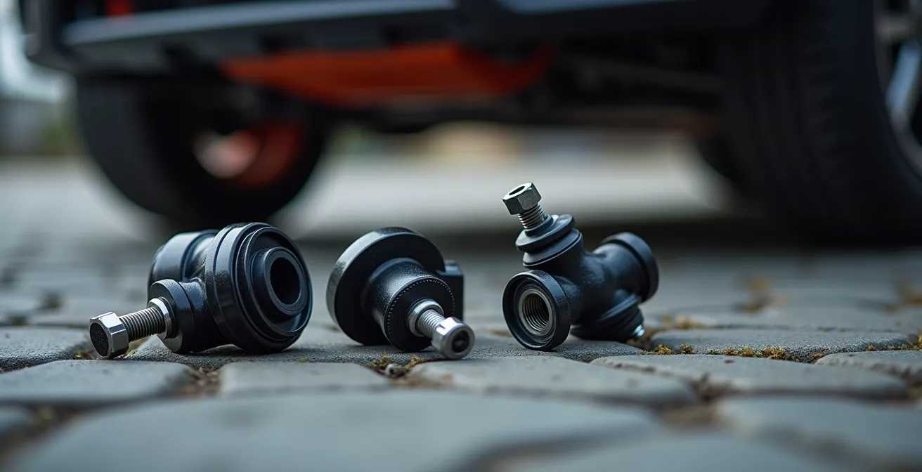 Detailaufnahme von Querlenkerbuchsen, Koppelstangen und Domlagern vor einer verschwommenen Schweizer Stadtkulisse, die die drei Schlüsselkomponenten für Fahrkomfort zeigt.