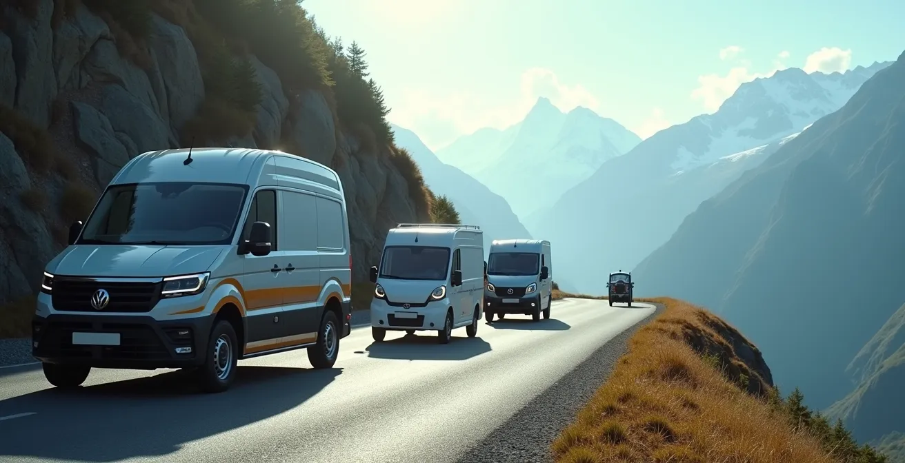 Drei verschiedene Lieferfahrzeuge an einer steilen Schweizer Bergstrasse