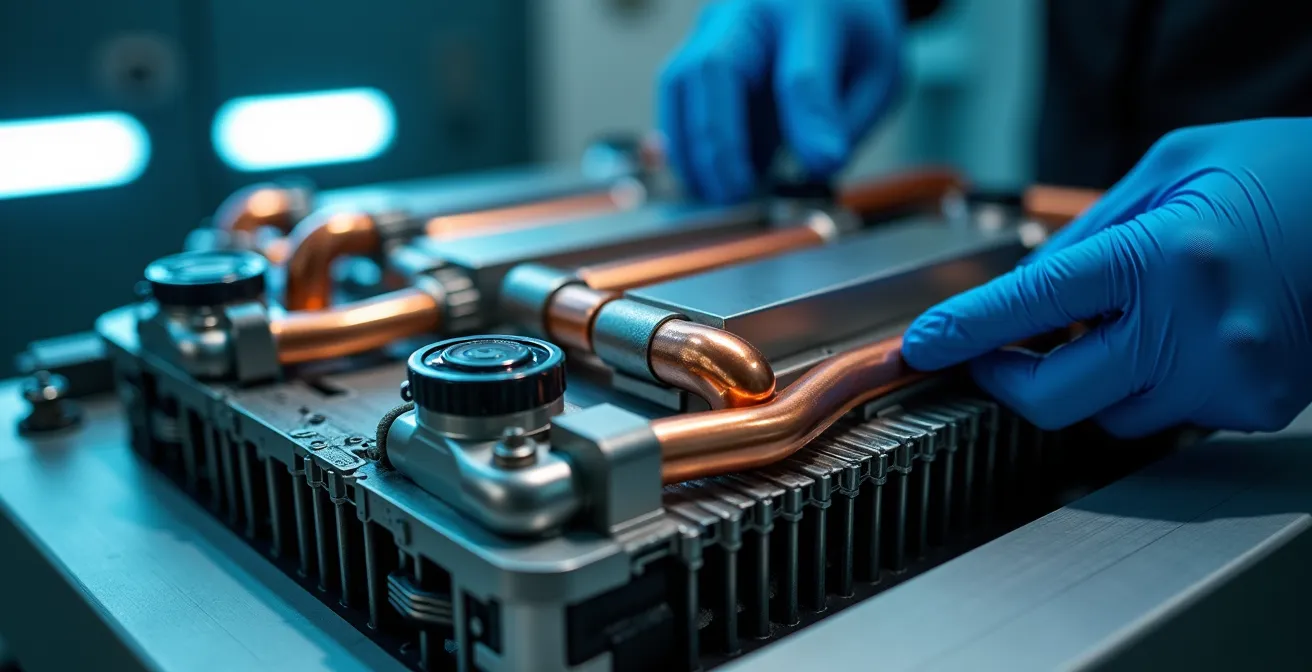 Nahaufnahme eines Elektroauto-Batteriesystems während der Inspektion