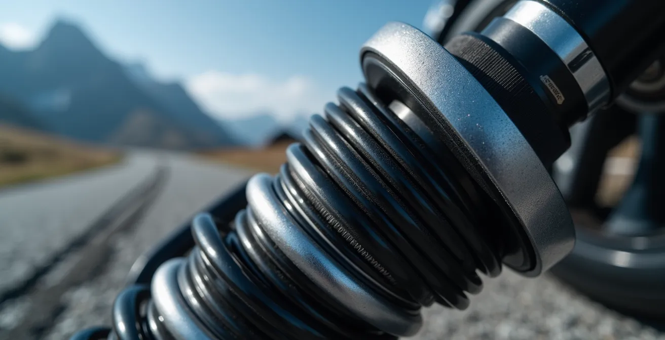Nahaufnahme eines modernen Fahrwerksdämpfers mit der malerischen Kulisse eines Schweizer Alpenpasses im unscharfen Hintergrund.
