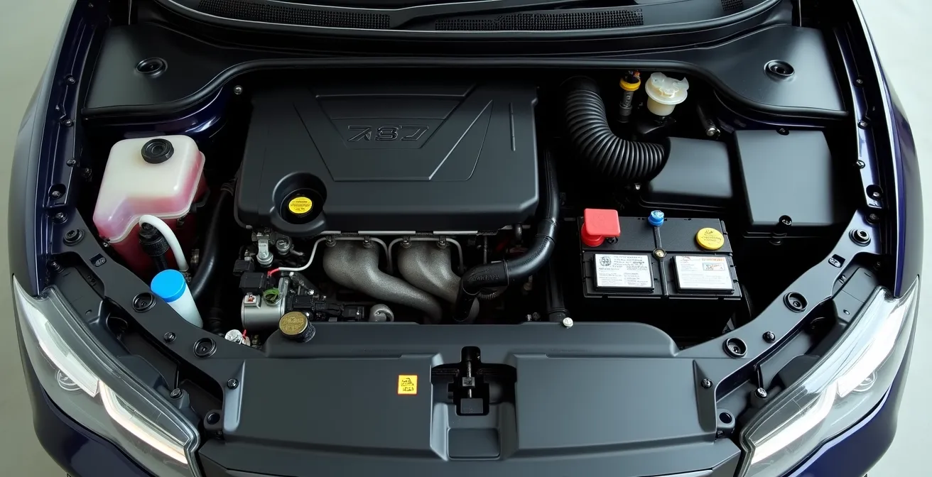 Nahaufnahme eines Motorraums mit sichtbaren Verschleissspuren an kritischen Komponenten