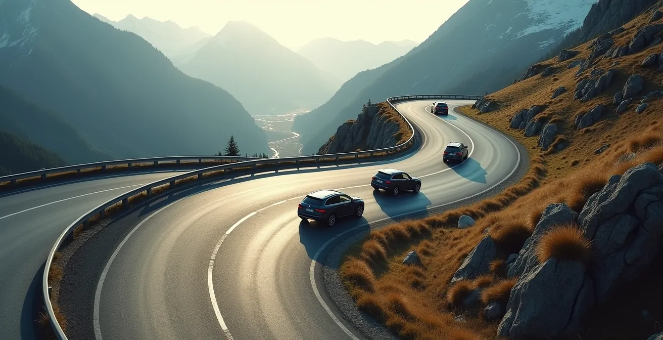Verschiedene Fahrzeugklassen (Kleinwagen, Limousine, SUV) auf einer kurvigen Schweizer Passstrasse, was ihre unterschiedliche Fahrdynamik und Sicherheit verdeutlicht.