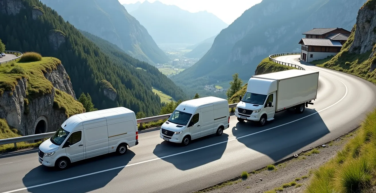 Visuelle Darstellung der Fahrzeugwahl basierend auf Transportvolumen und Schweizer Gesetzgebung