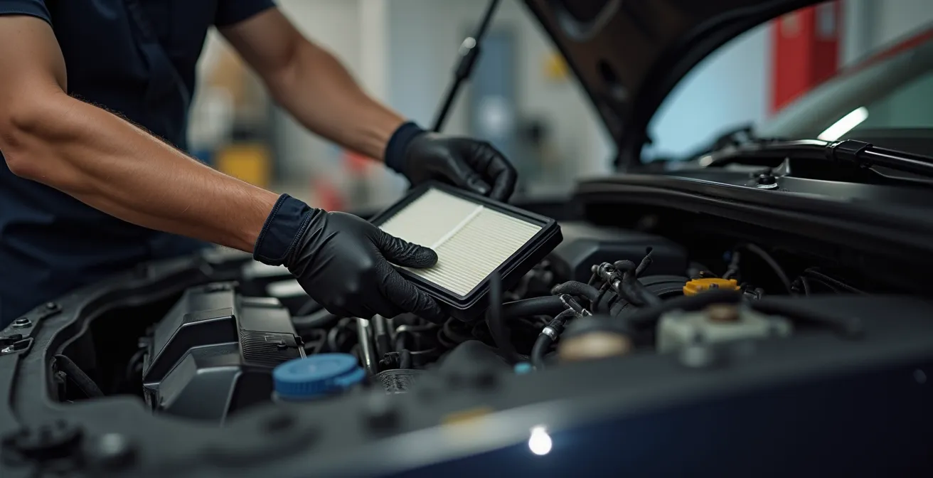 Hände mit Werkzeug beim Austausch eines Autofilters in einer Garage
