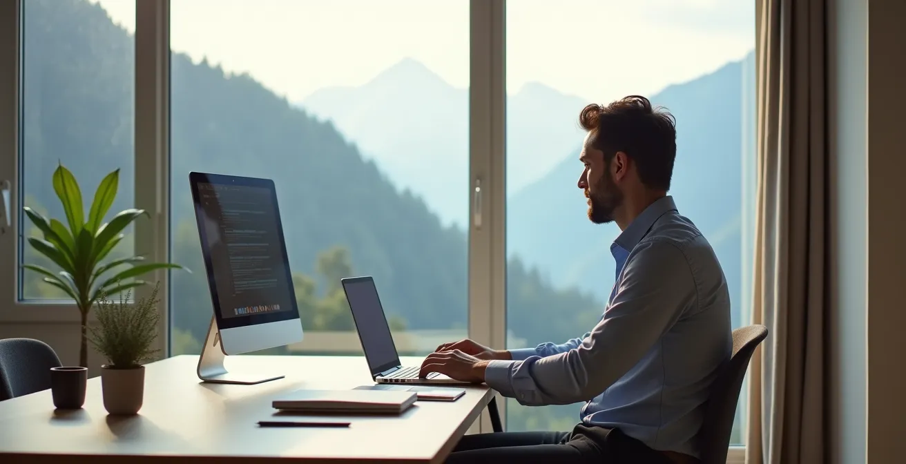 Moderner Homeoffice-Arbeitsplatz mit Blick auf Schweizer Berglandschaft durch grosse Fenster