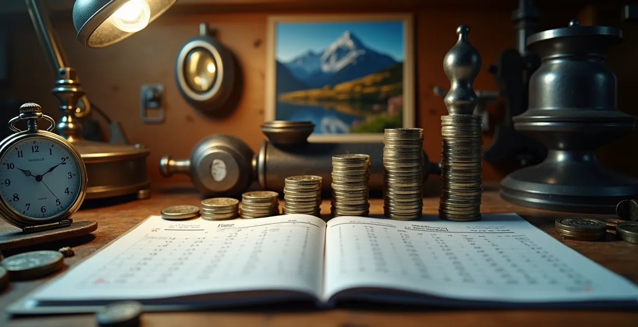 Visueller Zeitstrahl, der Reparaturkosten und MFK-Termine über einen 12-monatigen Zeitraum mit einem Budget darstellt.