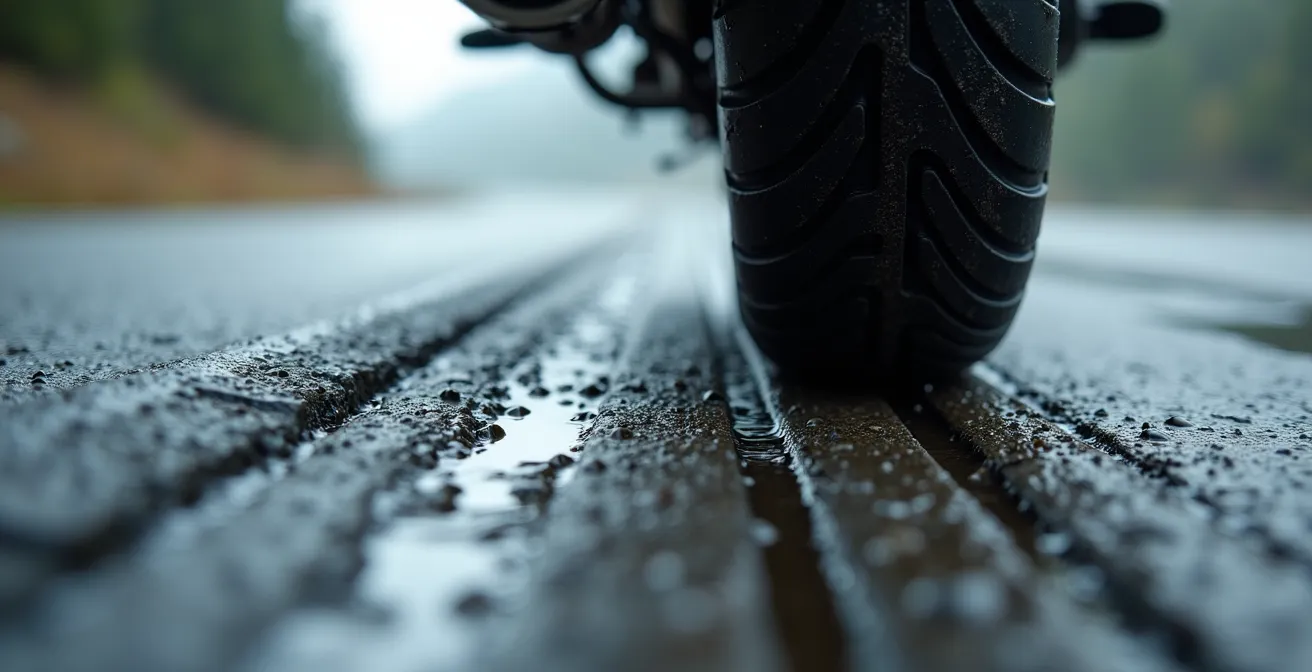 Makroaufnahme eines Motorradreifens auf nassem Asphalt zeigt Wassertropfen und reduzierte Kontaktfläche
