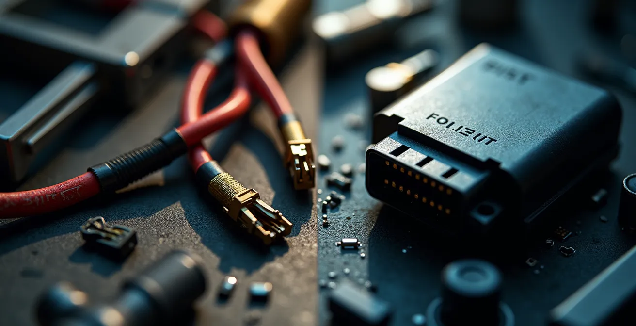 Detailaufnahme eines defekten Kabelbaums mit Korrosionsspuren neben einem teuren Motorsteuergerät, um den Kostenunterschied zu symbolisieren.