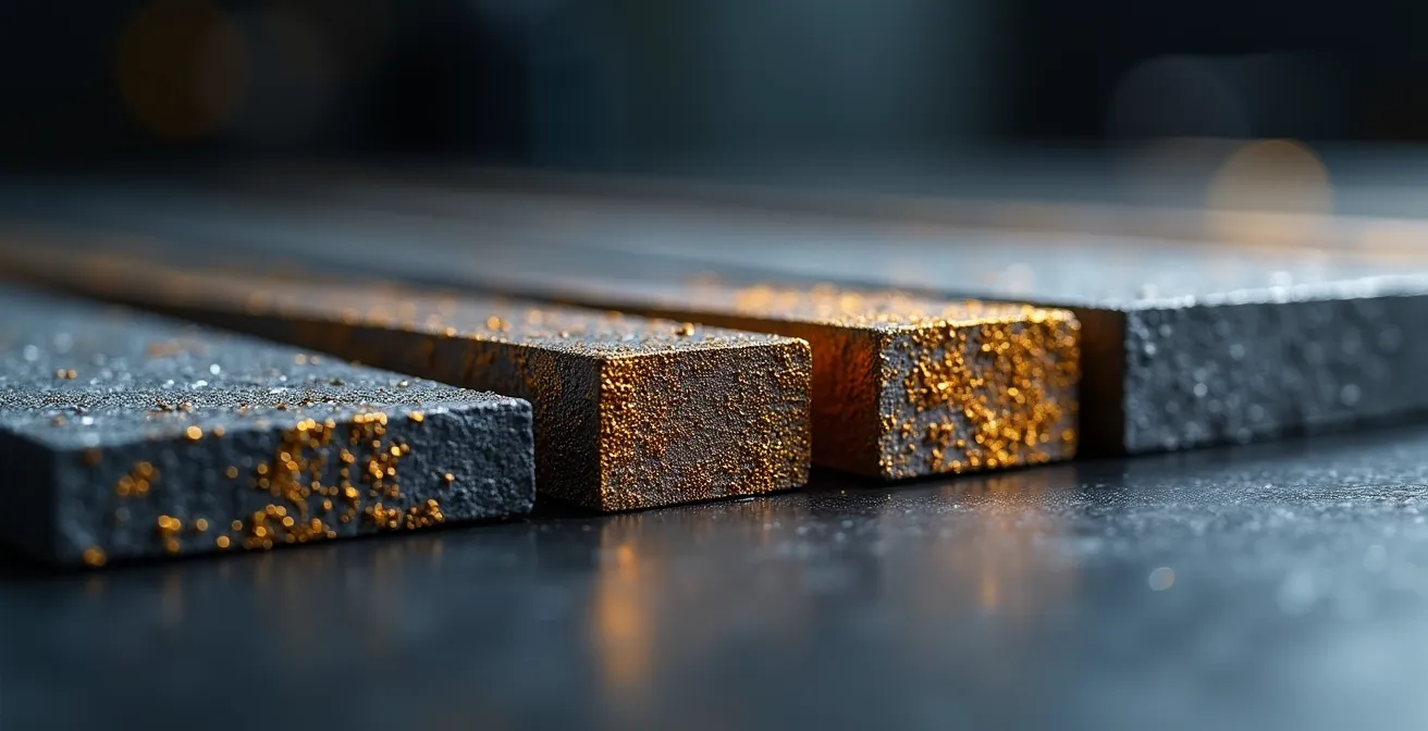 Makroaufnahme verschiedener hochfester Stahlproben mit sichtbarer Mikrostruktur