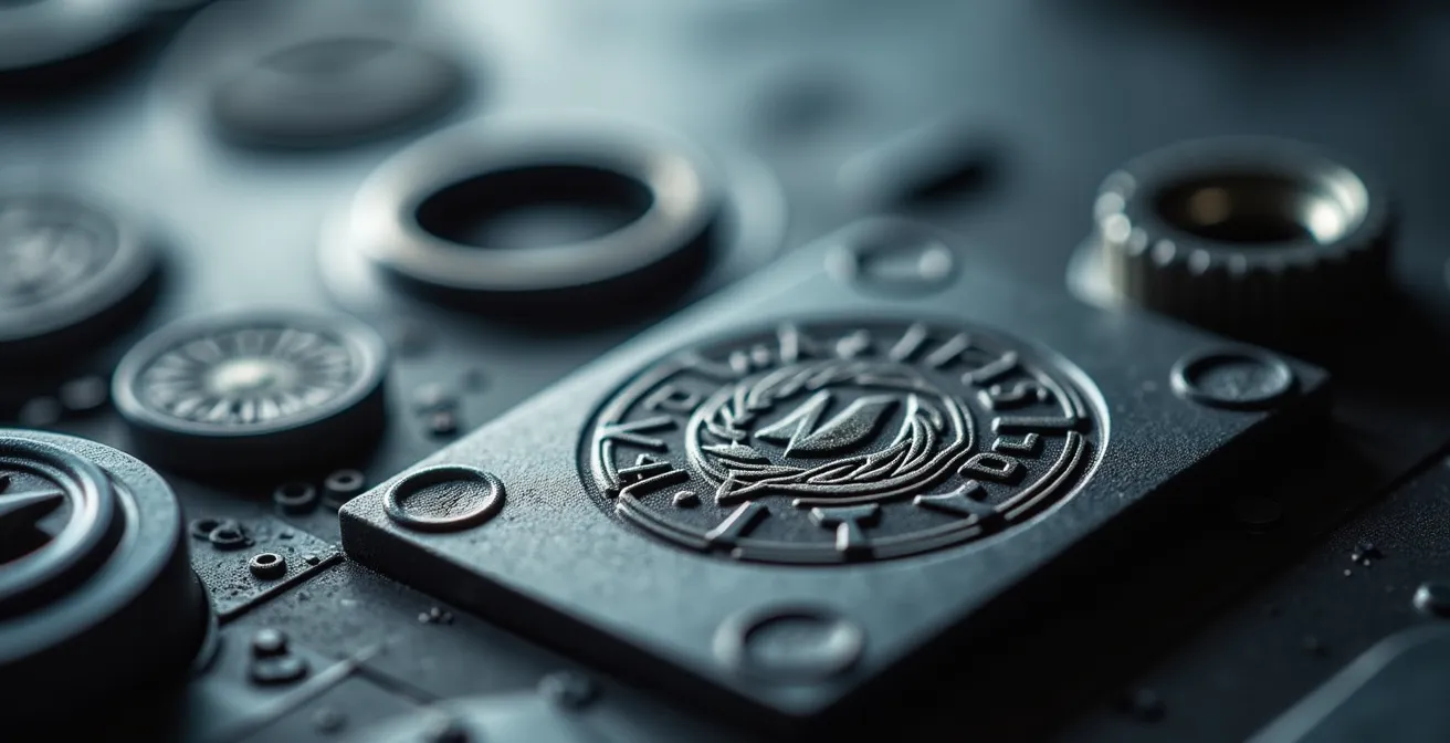 Detailaufnahme von Prüfzeichen auf Autoteilen mit unscharfem Werkstatthintergrund