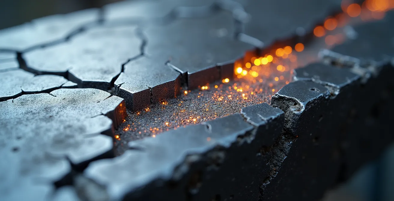 Mikroskopische Aufnahme von Materialermüdung in hochfestem Stahl nach Verformung