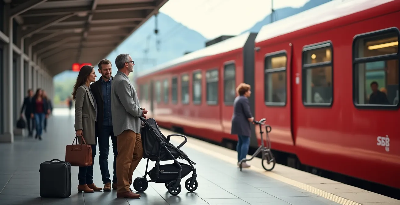 Visualisierung einer Schweizer Familie am Bahnhof, die verschiedene Lebensphasen und die damit verbundenen Mobilitätsentscheidungen symbolisiert.