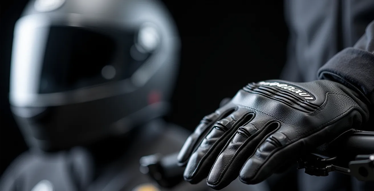 Professionelle Motorradausrüstung mit Helm und Schutzkleidung