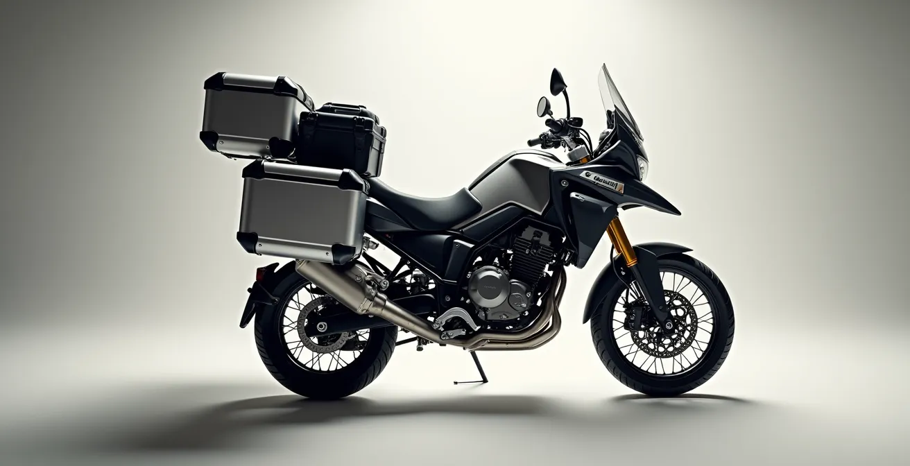 Seitenansicht eines beladenen Touring-Motorrads zeigt optimale Gepäckverteilung
