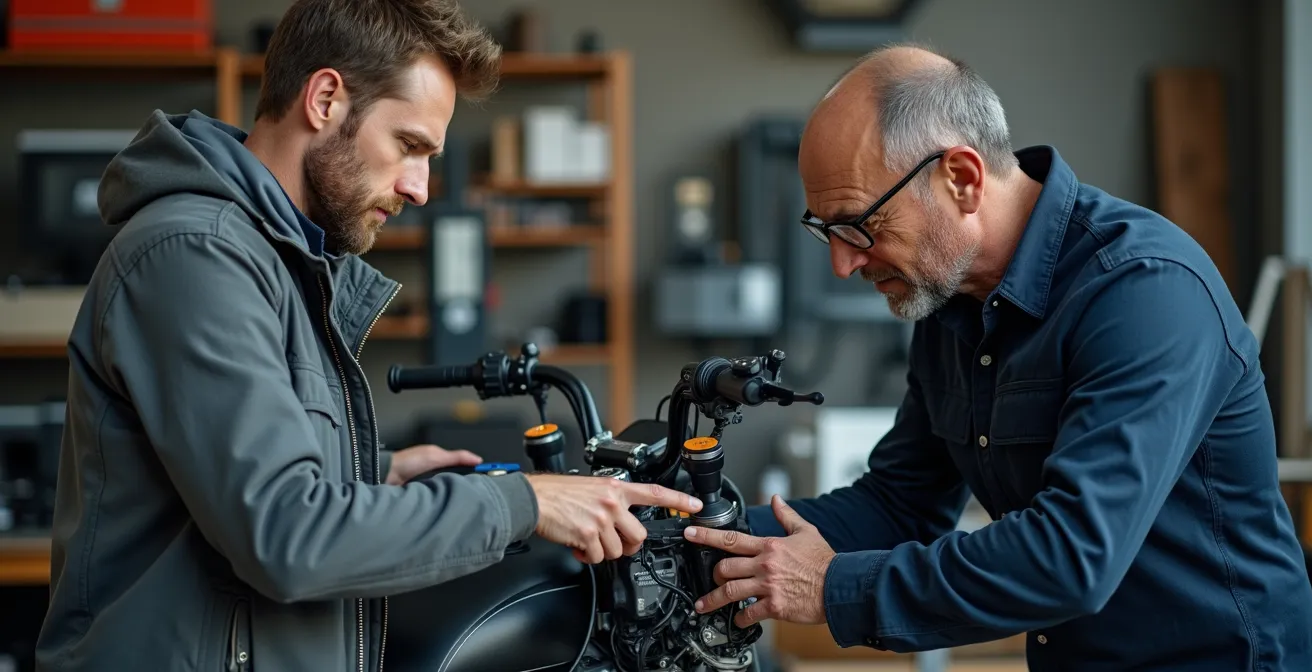 Motorradrahmen mit markiertem Totalschaden in Schweizer Werkstatt