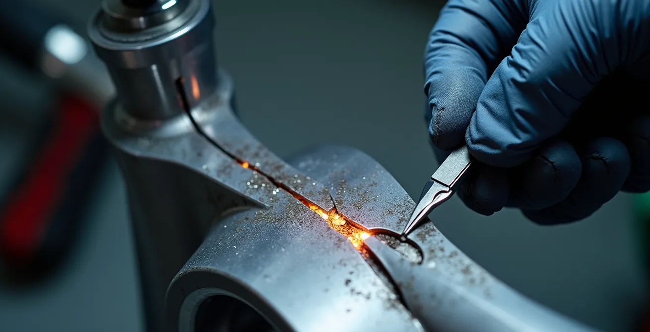 Nahaufnahme einer kritischen Schweissnaht am Motorradrahmen mit Inspektionsmarkierung