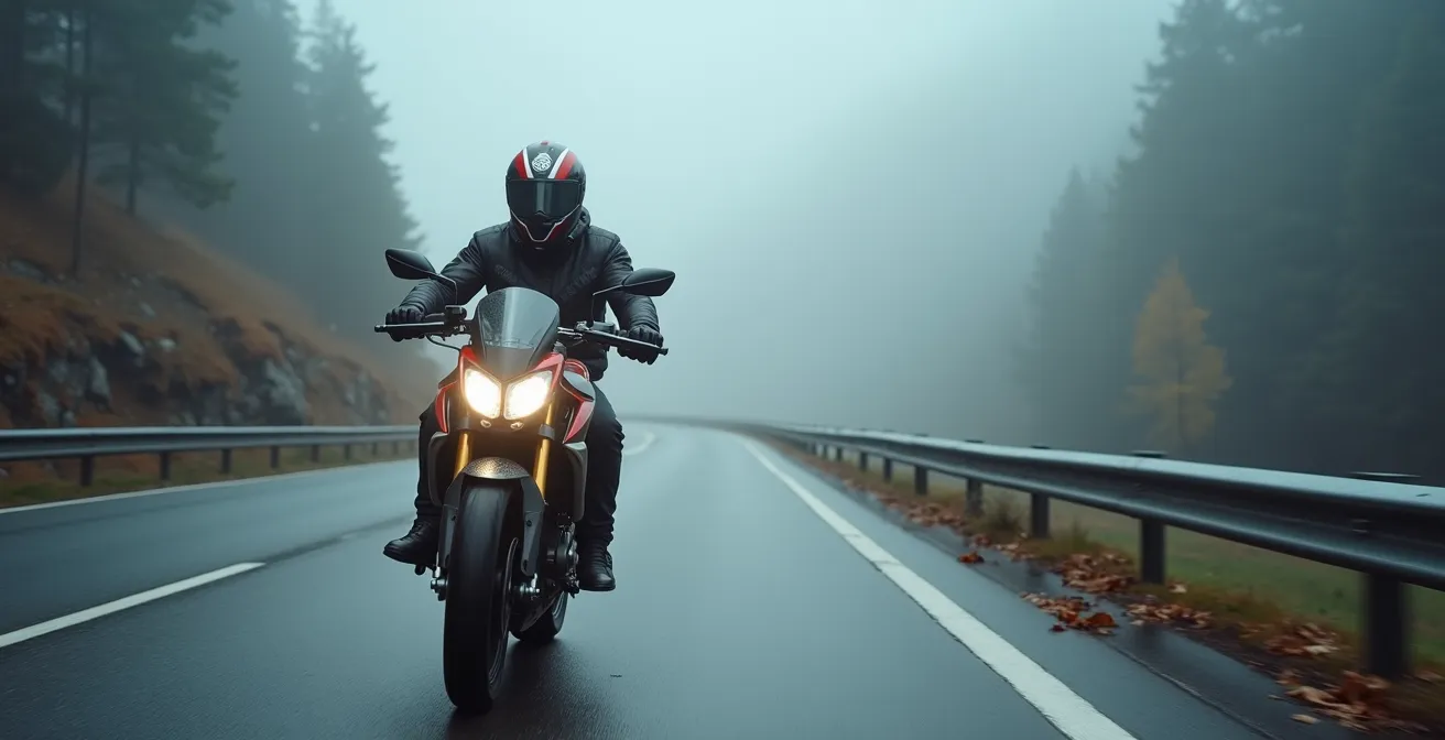 Motorradfahrer bei Herbstnebel auf Schweizer Landstrasse