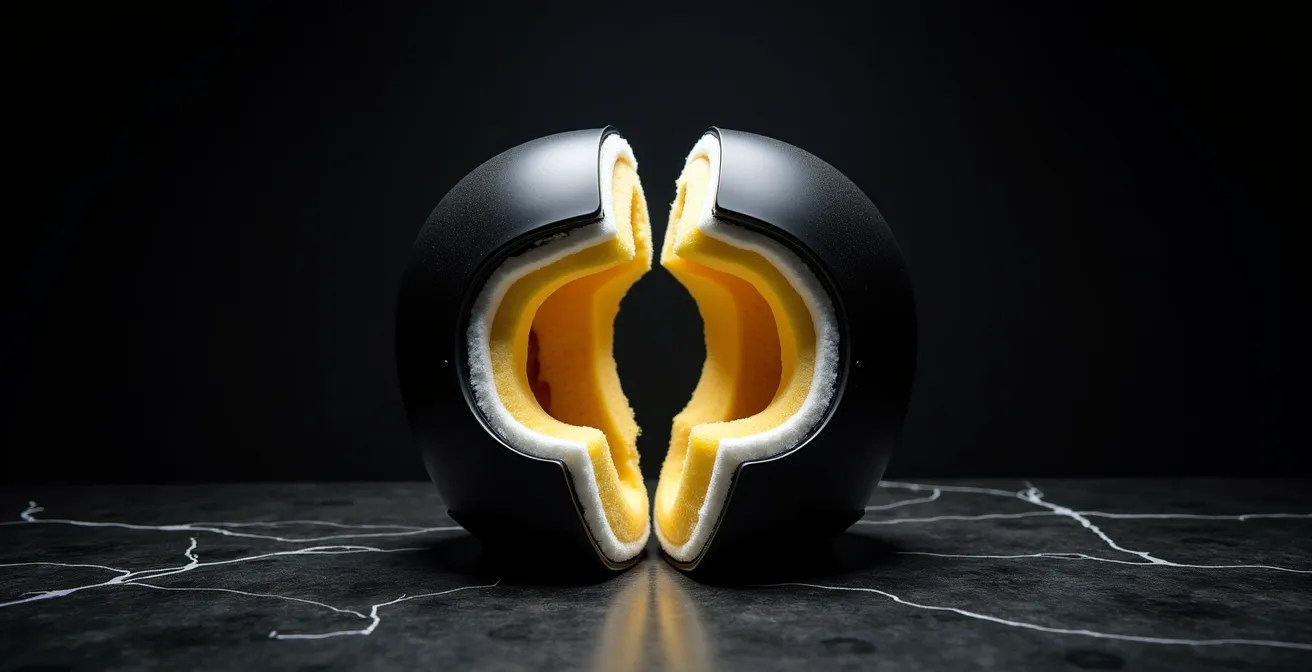 Querschnitt durch einen gealterten Motorradhelm zeigt unsichtbare Materialermüdung