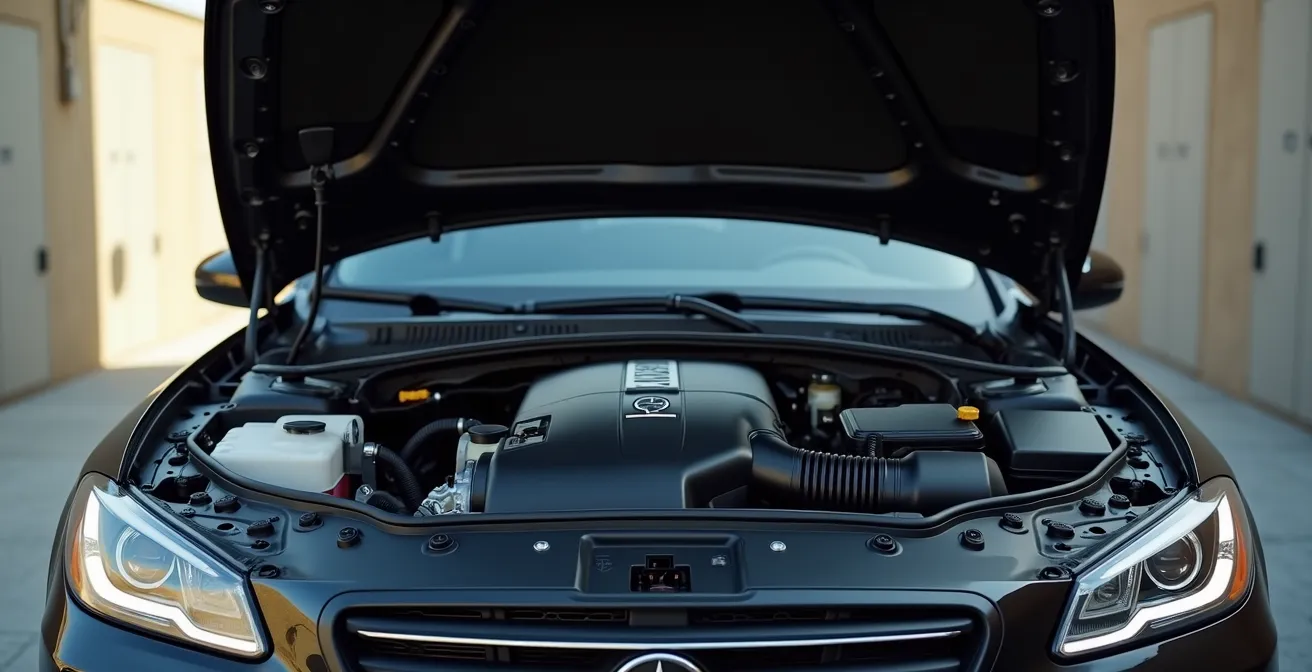 Weitwinkelaufnahme eines geöffneten Motorraums mit sichtbaren Filterkomponenten