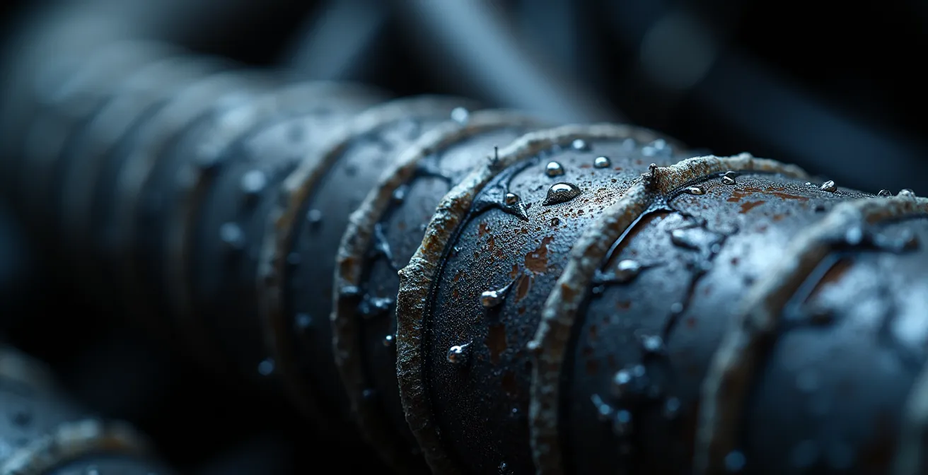 Makroaufnahme eines porösen Kühlerschlauchs mit sichtbaren Rissen, die einen drohenden Ausfall andeuten.