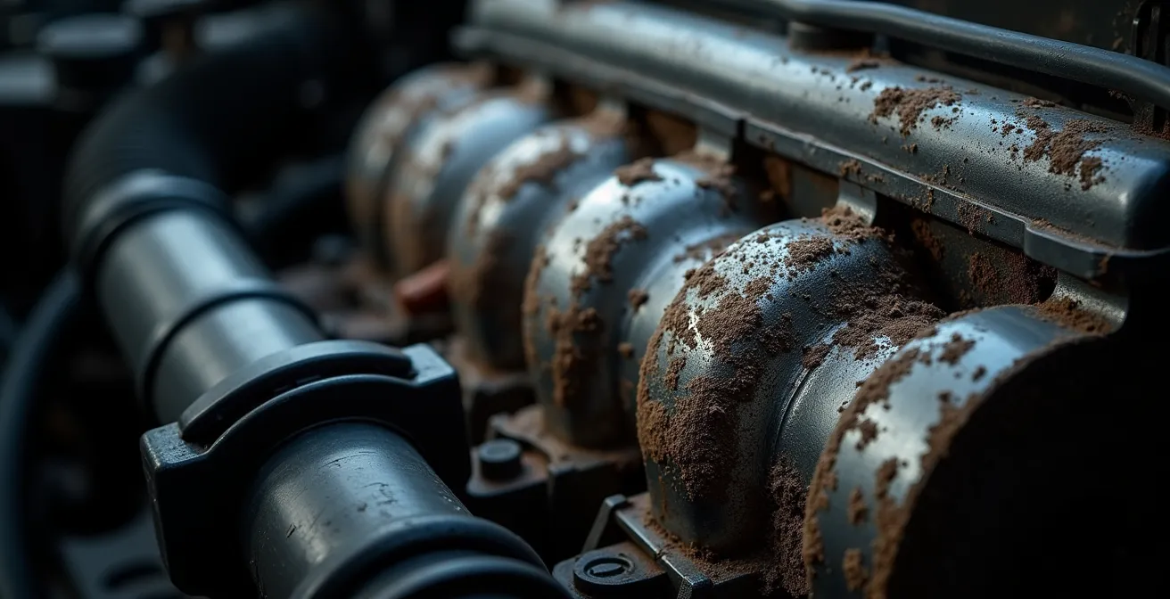 Nahaufnahme eines beschädigten Motors mit sichtbaren Verschleissspuren