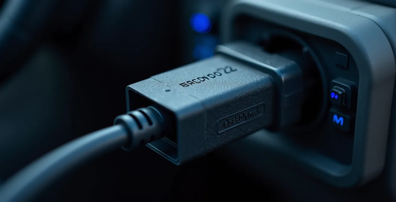 Nahaufnahme eines OBD2-Adapters mit Bluetooth-Verbindung zum Smartphone, der in den Diagnoseport eines Autos gesteckt wird.