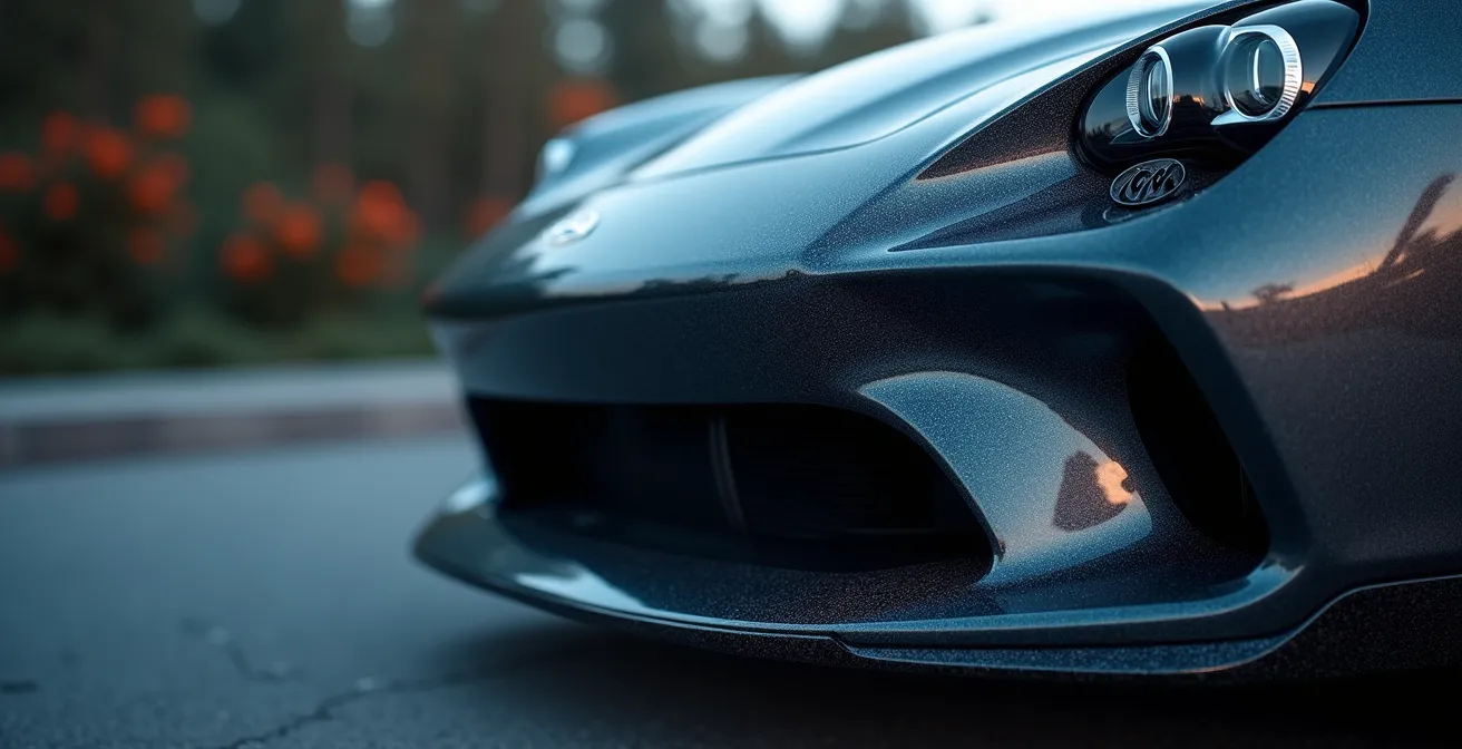 Detailaufnahme moderner Fahrzeugsensoren und Stossfängertechnologie