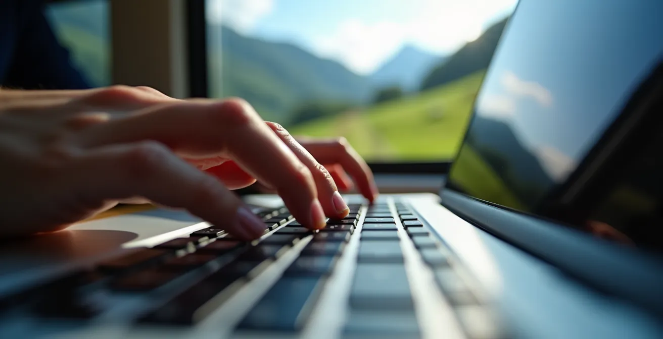 Geschäftsmann arbeitet konzentriert am Laptop im modernen Schweizer Zugabteil