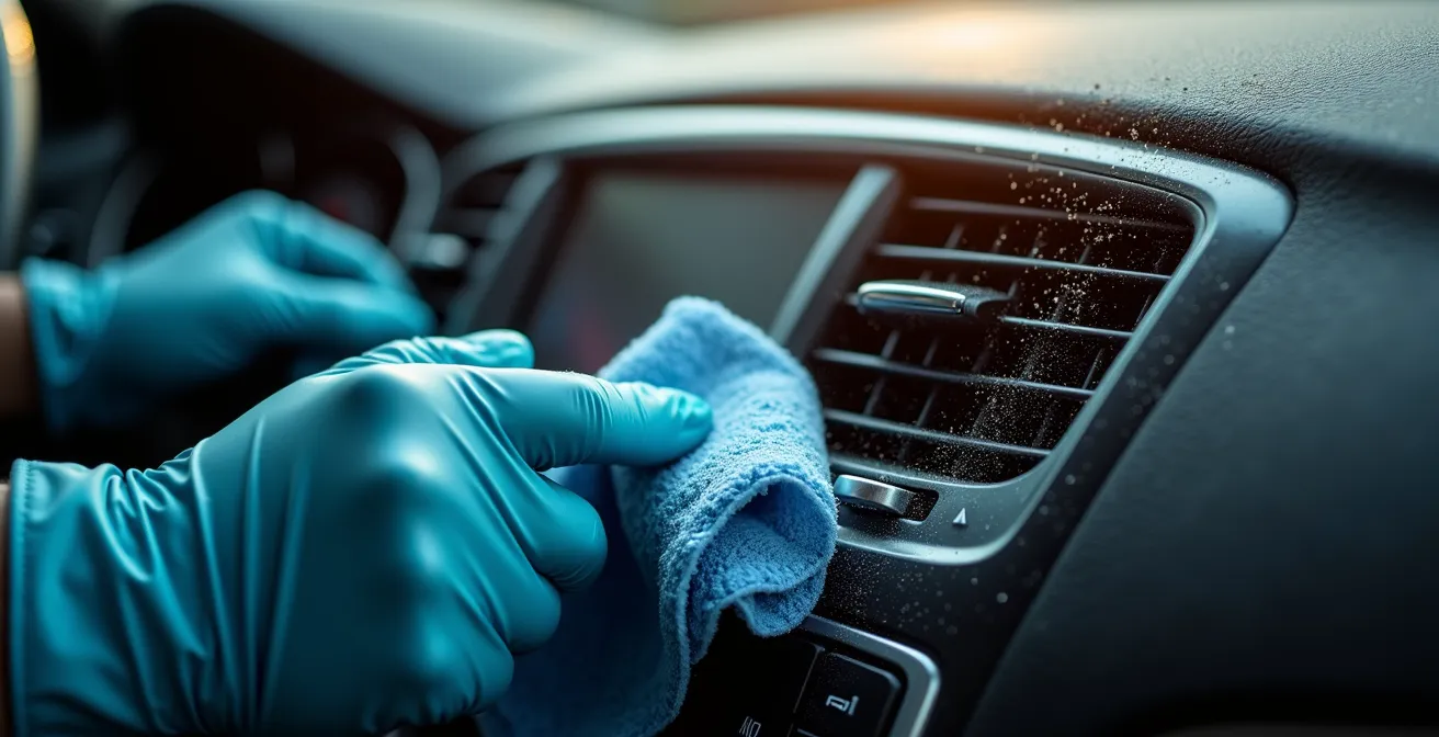 Detailaufnahme der professionellen Reinigung eines Fahrzeuginnenraums mit speziellen allergikerfreundlichen Methoden