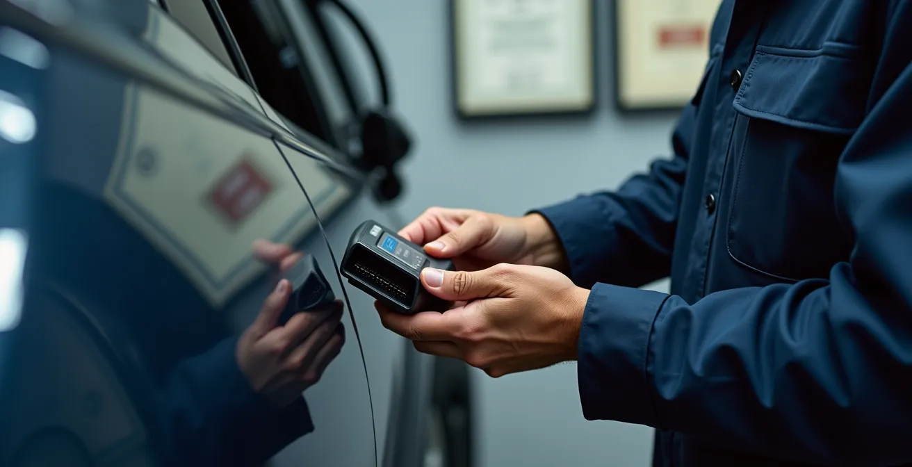 Nahaufnahme eines Mechanikers bei der Fahrzeugcodierung mit Diagnosegerät in Schweizer Werkstatt