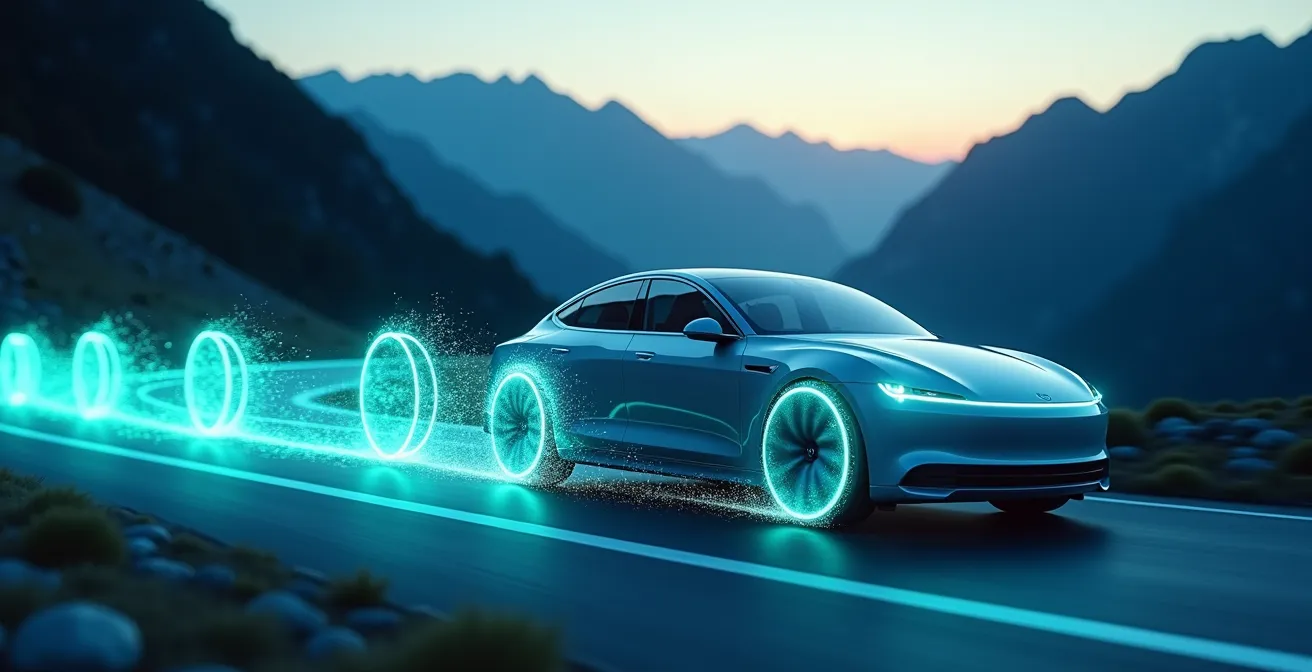 Symbolische Darstellung des Energieflusses beim rekuperativen Bremsen auf einer Bergstrasse