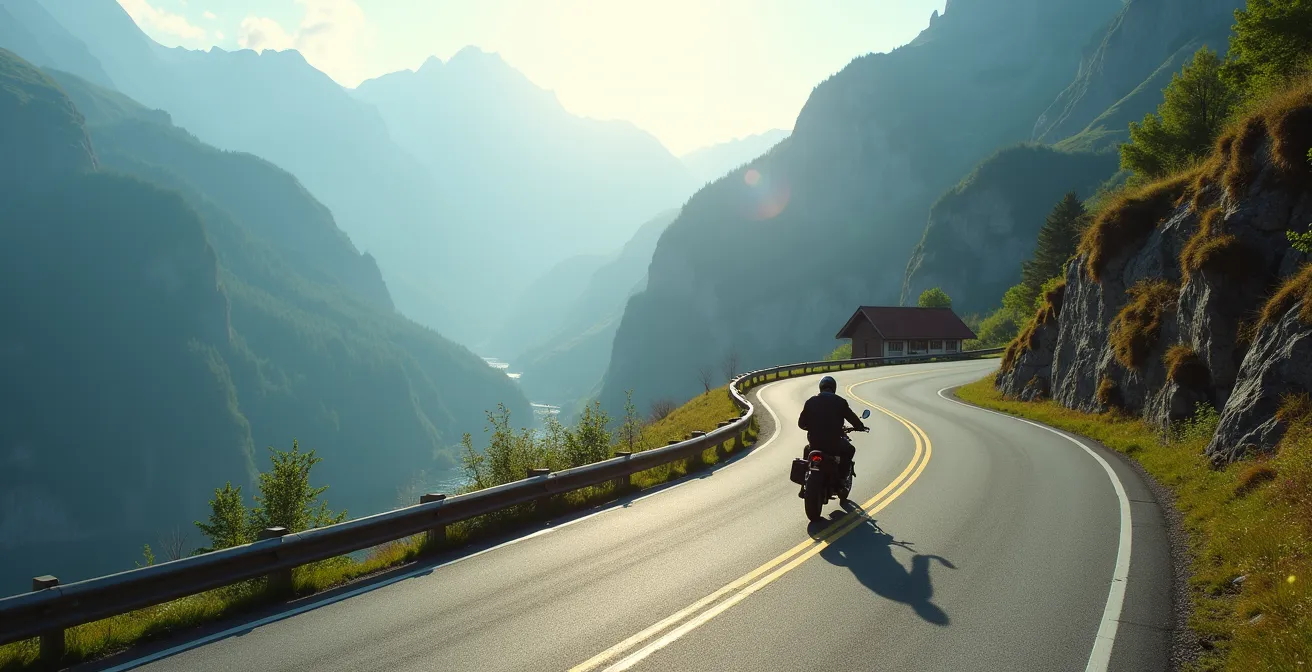 Weitwinkelaufnahme eines kurvigen Alpenpasses mit Zweiradfahrer in der Ferne