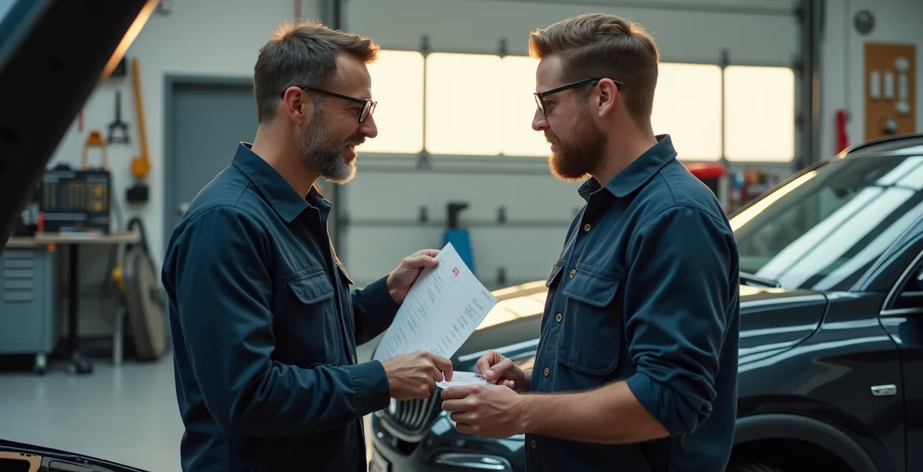 Schweizer Autobesitzer und Mechaniker besprechen MFK-Checkliste in heller Werkstatt