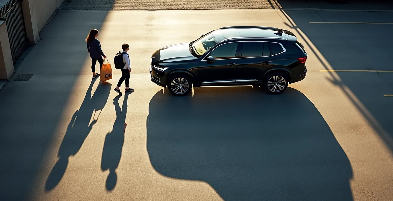 Visueller Vergleich zwischen der Grösse eines SUV in einem Schweizer Stadtkontext und dem viel kleineren, tatsächlichen Mobilitätsbedarf einer Einzelperson.