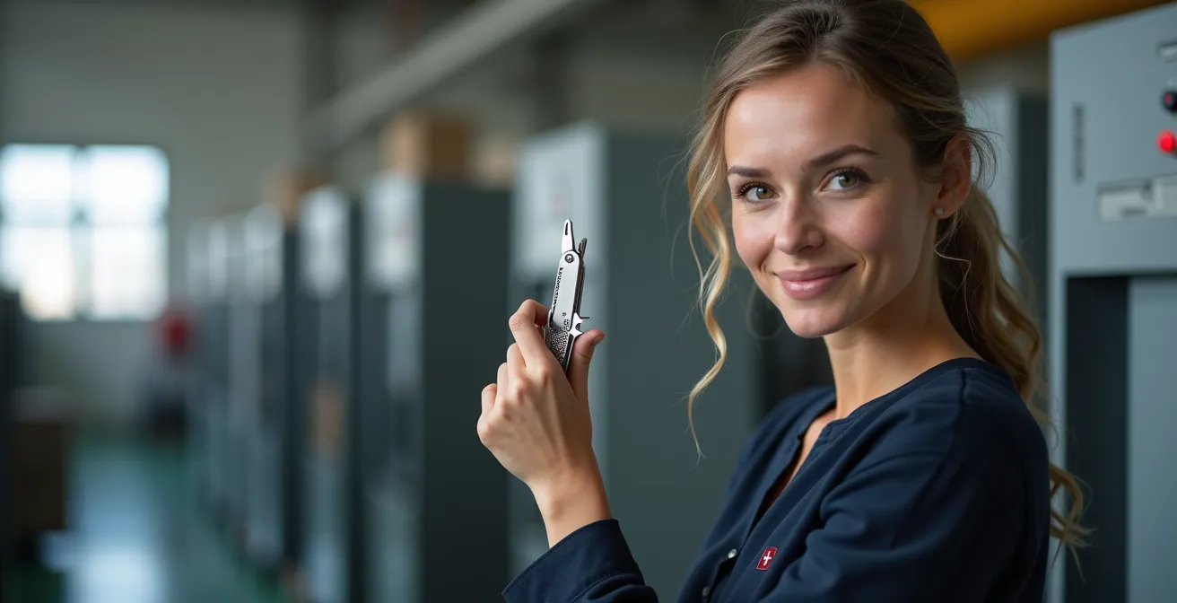 Kontrast zwischen einfachem Schweizer Sackmesser und komplexer Werkstatt als Logistik-Metapher