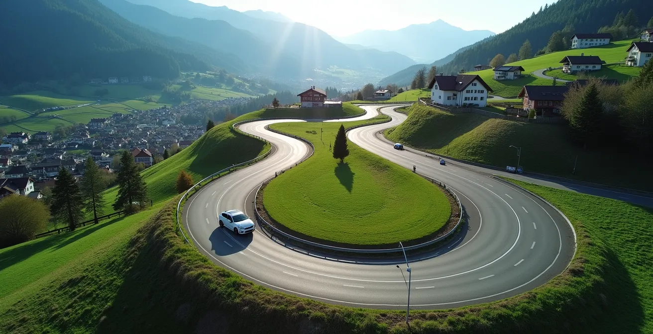 Luftaufnahme einer gemischten Teststrecke in der Schweiz mit verschiedenen Strassentypen