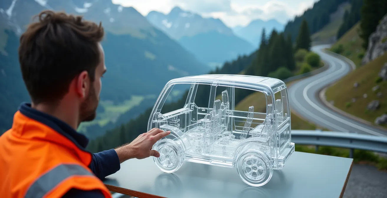 Visualisierung der Sicherheitszonen eines Fahrzeugs in typischer Schweizer Bergumgebung