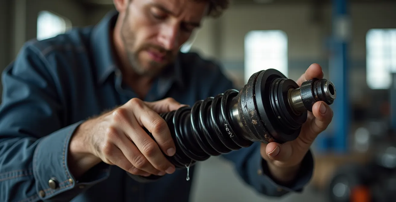 Ein Mechaniker in einer Werkstatt untersucht mit konzentriertem Blick einen beschädigten Stossdämpfer, an dem ein deutlicher Ölaustritt zu sehen ist.