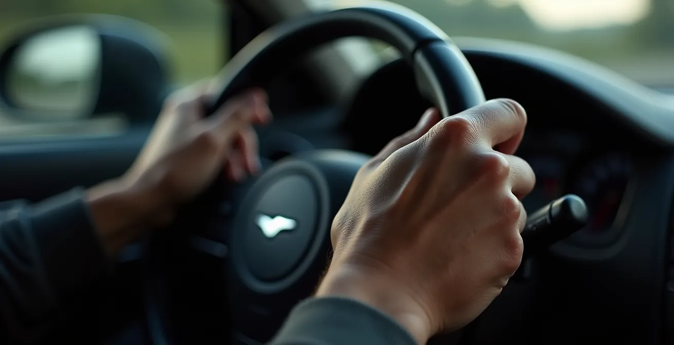 Makroaufnahme von Händen am Lenkrad mit subtiler Unschärfe zur Darstellung von Aufmerksamkeitsverlust