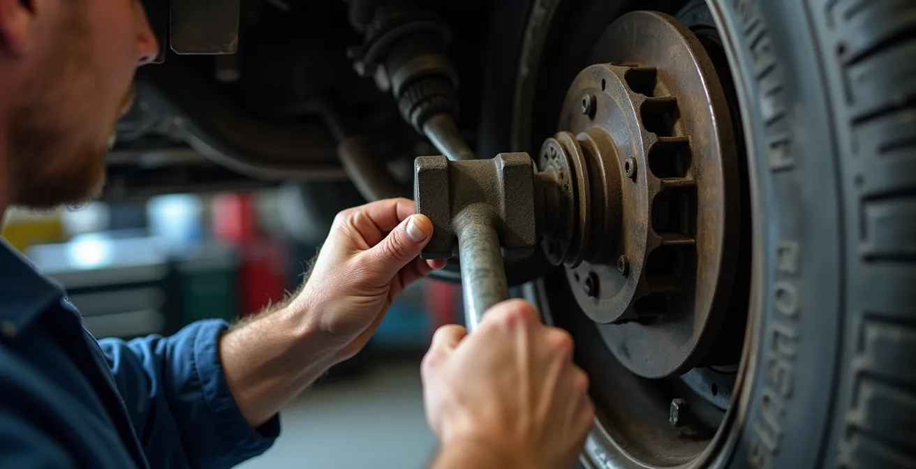 Mechaniker prüft Traggelenk mit Hebelwerkzeug unter angehobenem Fahrzeug