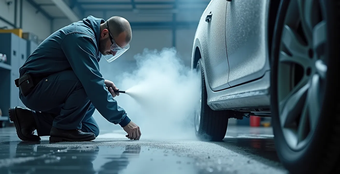 Professionelle Trockeneisstrahlung zur Unterbodenreinigung in einer Schweizer Werkstatt