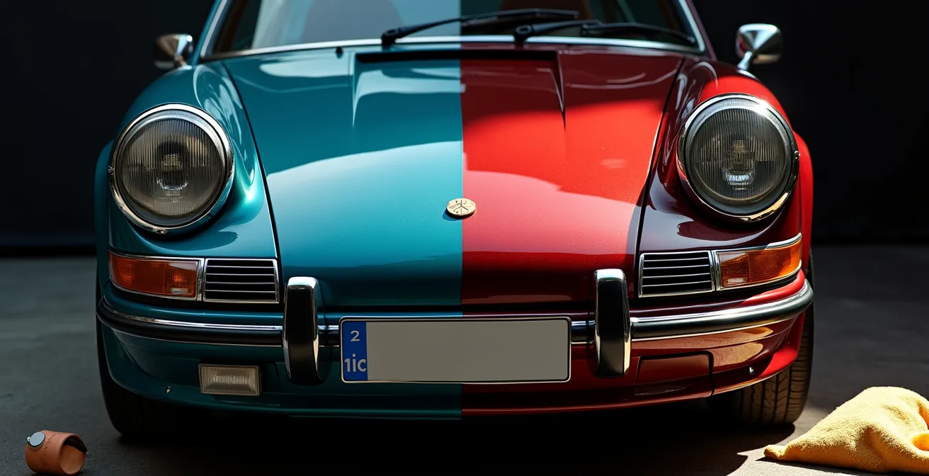 Detailaufnahme zweier identischer Fahrzeuge mit sichtbarem Pflegeunterschied