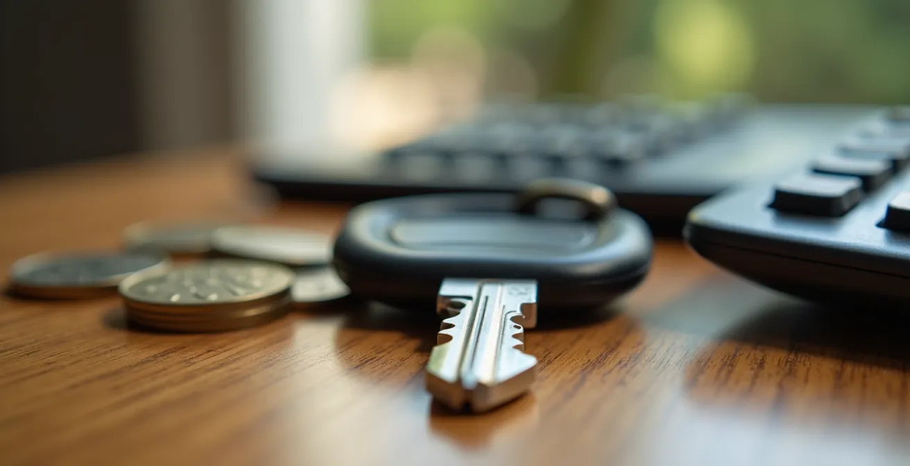 Makroaufnahme von Versicherungsdokumenten mit Taschenrechner und Autoschlüssel auf einem Holztisch
