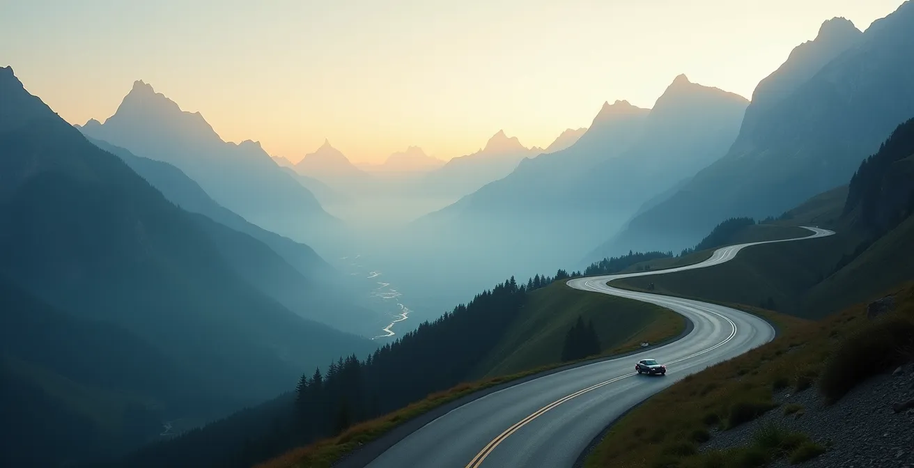 Weitwinkelaufnahme eines Schweizer Bergpasses mit Auto in der Ferne, symbolisiert den Übergang und Wechsel
